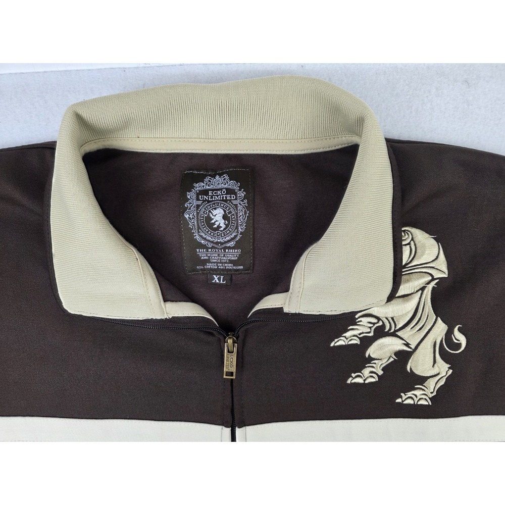 Y2K Ecko Unlimited Men's Jacket Brown Embroidered Rhino Logo Full Zip Up Mens XL - Picture 2 of 7
